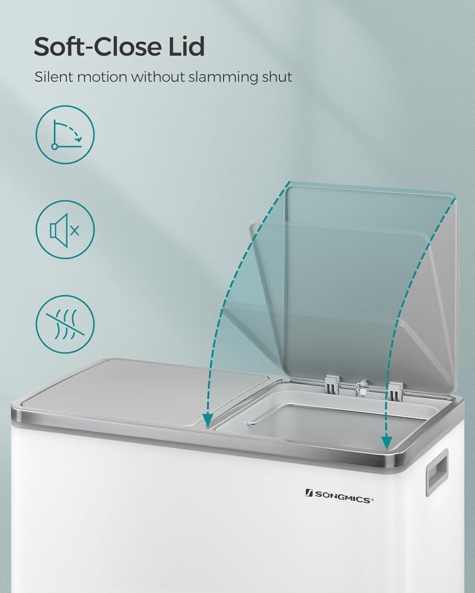 SONGMICS Trash Can, 2 x 8 Gallon (2 x 30 L) Garbage Can for Kitchen, with 15 Trash Bags, 2 Compartments, Plastic Inner Buckets and Hinged Lids, Airtight, White and Gray ULTB60WT-DeskLoop Office