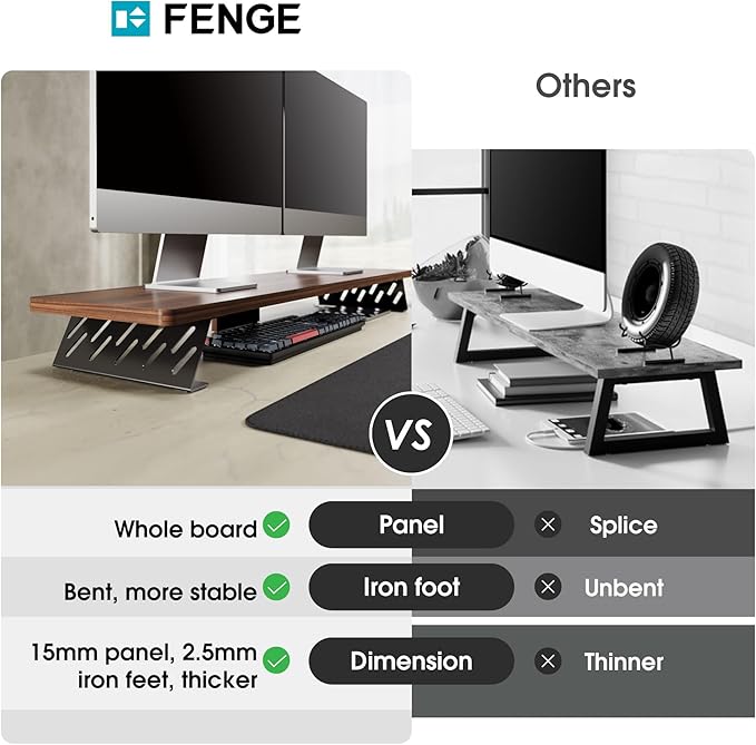 Fenge Dual Monitor Stand Riser, 42.5 Inch Desk Top Shelf for 2 Monitors, Computer Stands for Desk, Wood & Steel Desktop Riser for Laptop, PC, Printer-DeskLoop Office