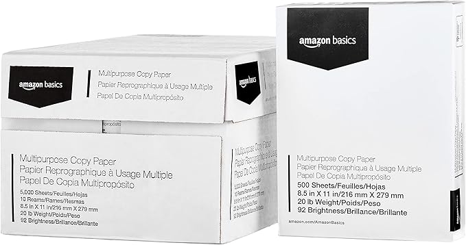Amazon Basics Multipurpose Copy Printer Paper, 20 lb, 8.5 x 11 Inches, 10 Reams (5,000 Sheets), 92 Bright, White-DeskLoop Office
