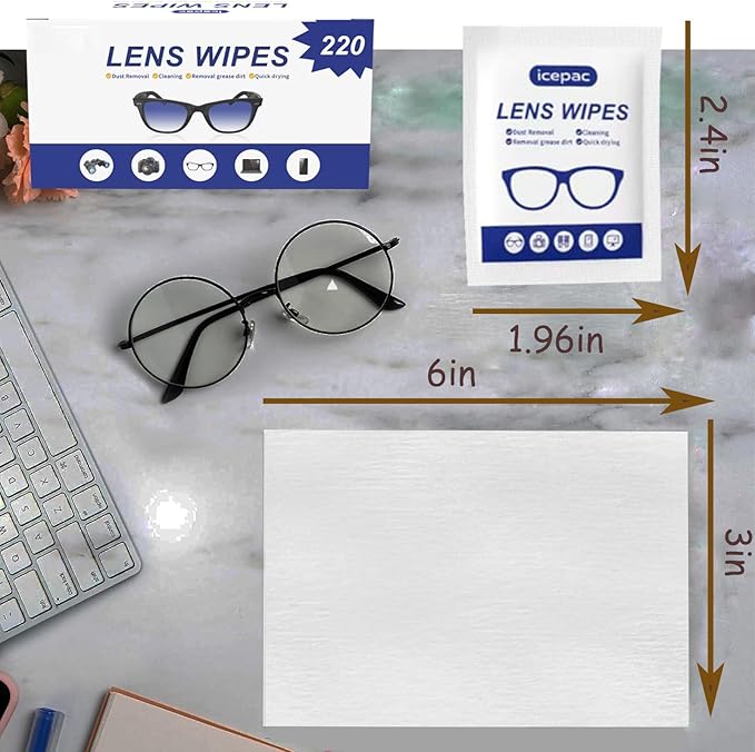 Eyeglass Cleaner Wipes, Sunglasses, Screens - Gentle and Portable for On-the-Go Cleaning of Devices, Lens Wipes for Eyeglasses, Wet Lens, Camera Lenses, Laptops, Etc. Individually Packaged(220 PCS)-DeskLoop Office