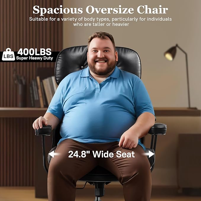 Mid Century Modren Big and Tall Office Chair,Large Ergonomic Executive Chair for Heavy Duty People, Computer Desk Task Chair with Wheels, Faux Lether Fabric Wide Chair for Home Sturdy,Black-DeskLoop Office