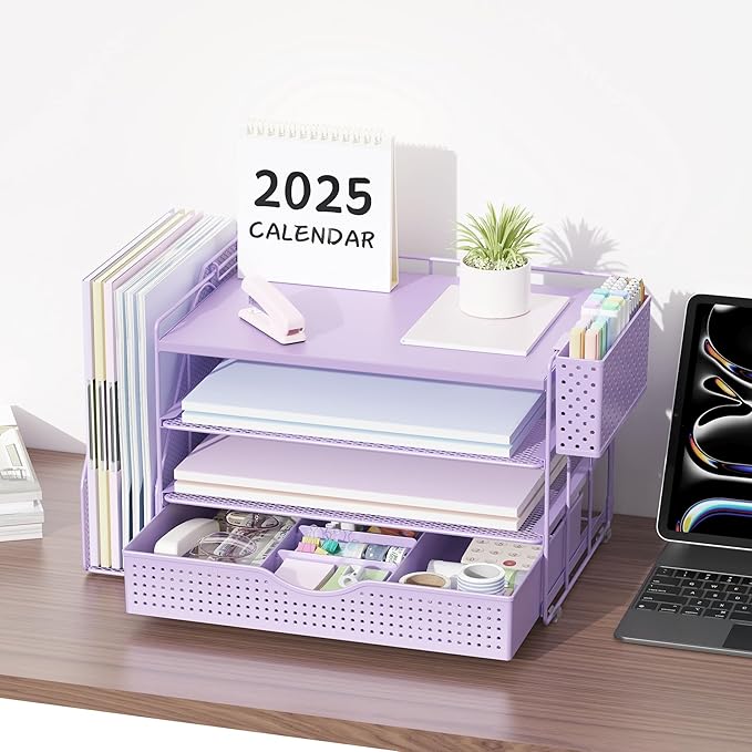 Wood Desk Organizers and Accessories with File Holder, 4-Tier Desk Accessories & Workspace Organizers with Drawer and Pen Holder, Paper Organizer for Office Supplies (Purple)-DeskLoop Office