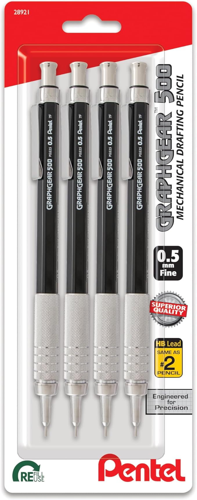 Pentel GraphGear 500 Mechanical Drafting Pencil, (0.5mm), Fine Line, Black Barrel, Pack of 4 (PG525BP4A)-DeskLoop Office