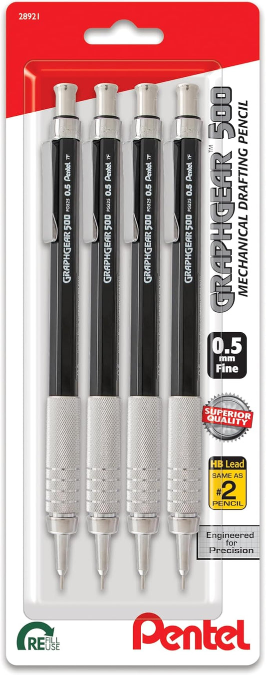 Pentel GraphGear 500 Mechanical Drafting Pencil, (0.5mm), Fine Line, Black Barrel, Pack of 4 (PG525BP4A)-DeskLoop Office