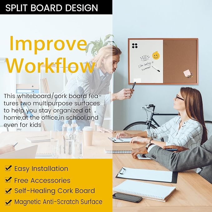 Combination Writeboard 36"x 24" Magnetic Whiteboard & Cork Board Dry Erase Board Bulletin Board Wall Mounted Wood Frame-DeskLoop Office