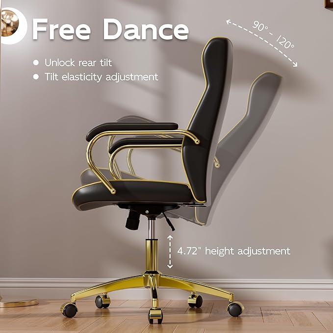 Black and Gold Office Chair with Soft Leather Embroidery, Mid Back Vintage Swivel Executive Desk Chair with Wheels and Padded Arms, Adjustable Height-DeskLoop Office