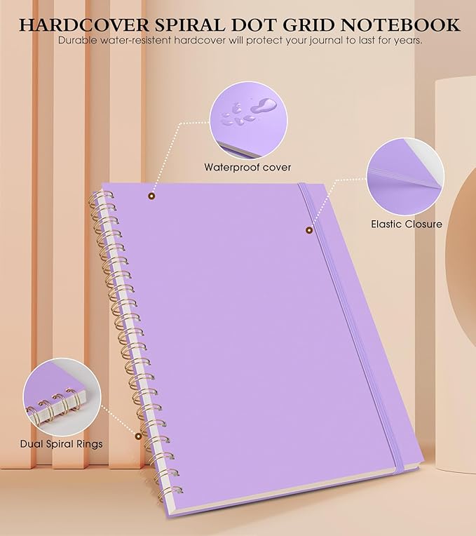 Dotted Notebook, Spiral Notebook Journal 8.5” x 11”, A4 Large Dot Grid Notebooks for Women Men, 100 GSM Dotted Paper, Plastic Hardcover Spiral Bullet Journals for Work School Sketching, Purple-DeskLoop Office