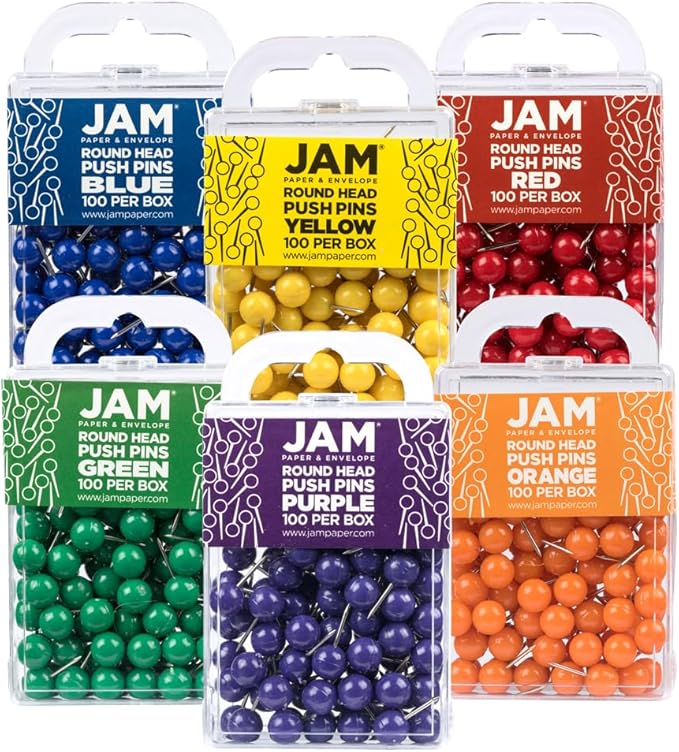 JAM PAPER Colorful Push Pins - Round Head Map Thumb Tacks - Assorted Rainbow Colors - 600/Pack-DeskLoop Office