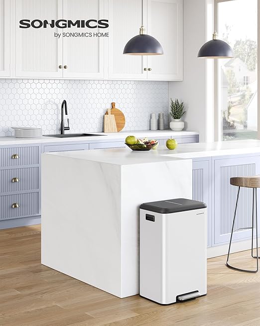 SONGMICS Kitchen Trash Can, 10.5-Gallon (40L) Garbage Can with Lid and Wide Foot Pedal, Soft Close and Stays Open, White ULTB541W40-DeskLoop Office