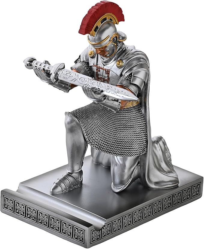 Roman Praetorian Prefect Warrior Knight Pen Holder Desk Ornament Resin Praetorian Guard Mobile Phone Stand Desk Accessories and Organizer For Office with a Letter Opener (Silver)-DeskLoop Office