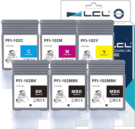 LCL Compatible Ink Cartridge Replacement for Canon PFI102 PFI-102 PFI-102MBK PFI-102BK PFI-102C PFI-102M PFI-102Y imagePROGRAF iPF500 iPF600 iPF605 iPF610 iPF650 iPF655 iPF700 iPF760 iPF765 (6-Pack)-DeskLoop Office