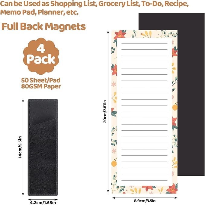4 Pack Magnetic Note Pad for Fridge with Pen Holder, Totally 200 Sheets Magnetic To Do List, Shopping List, Grocery List, Memo Pads for Refrigerator(Flower Design)-DeskLoop Office