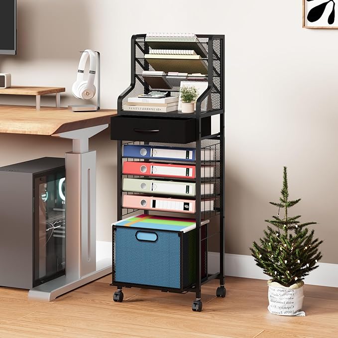 SWTYMIKI 10-Tier Rolling File Cart - Mesh Paper Organizer with Drawer and Hanging File Folders on Lockable Wheels, Wood Teacher Cart for Office Organization, Storage in Home, Studio, School (Black)-DeskLoop Office