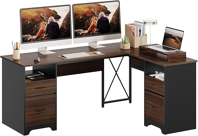 Bestier L Shaped Desk with 4 Drawers, 63" x 47" Executive Desk with Open Storage & Monitor Stand, Corner Desk with 2 File Drawers & Modesty Panel for Home Office, Cherry-DeskLoop Office
