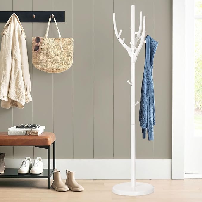 Coat Rack Freestanding, Wooden Coat Rack Stand with 16.5" Round Base, Tree Branch-look, 72" Coat Tree Standing Heavy Duty Clothes Hanger with 12 Hooks for Corner Entryway, White-DeskLoop Office