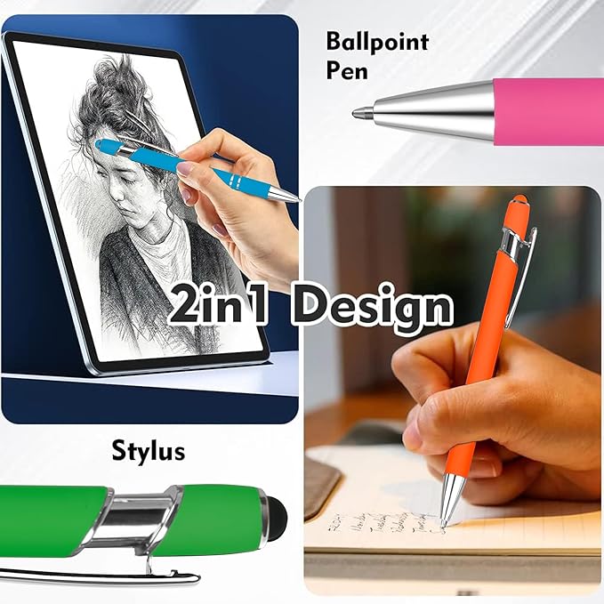 12 PCS 2 in 1 Stylus Ballpoint Pen with Stylus Tip, 1.0 mm Black Ink Metal Pen Stylus Pen for Touch Screens (Silver & Mix-1)-DeskLoop Office