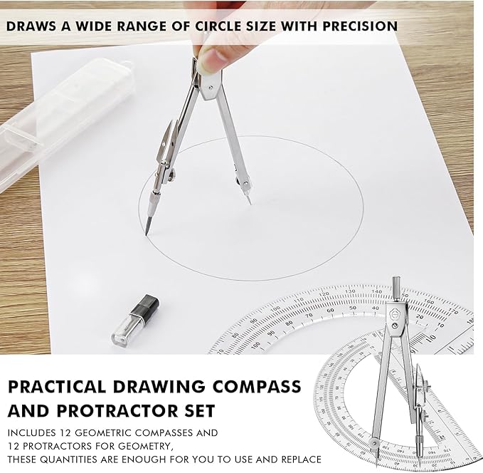 Zonon 12 Set Student Protractor and Compass Set, Student Geometry Math Set, Compass for Geometry and 180 Degree Math Protractor for Drawing Measuring School Office-DeskLoop Office