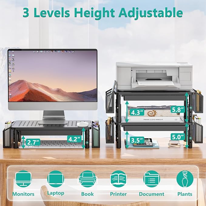 WALI Dual Monitor Stand with Storage, Desk Organizer with Drawer and Pen Holder, Desk Monitor Riser 3 Height Adjustable, Laptop Riser for Computer, Laptop, Printer (STT003DH-2B), 2 Pack, Black-DeskLoop Office