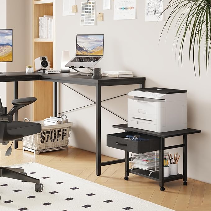 22"x15" Large Printer Stand with Storage Drawer, 2-Tier Under Desk Printer Table for Home Office, Printer Cart fit Fax Machine/3D Printer/Scanner(Black)-DeskLoop Office