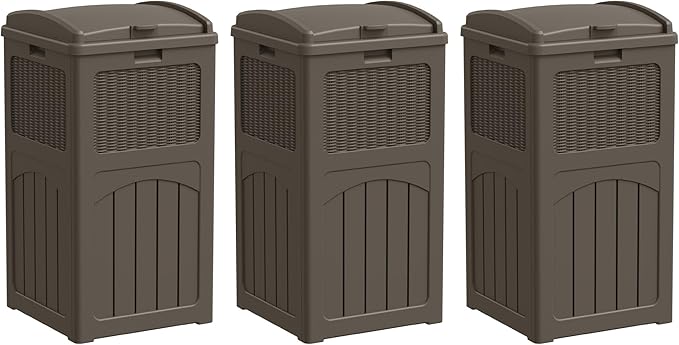 Greesum 33 Gallon Outdoor Trash Can with Lid, Waterproof Resin Garbage Bin for Hideaway, Deck, Patio, 3 Pack, Dark Brown-DeskLoop Office