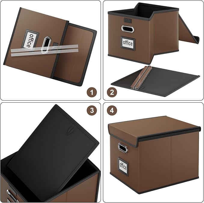 Huolewa Faux Leather File Organizer Box with Lid, Collapsible Hanging File Folder Box Organizer with Plastic Slides, Decorative Home/Office Filing Boxes for File and Folder Storage - Dark Brown-DeskLoop Office