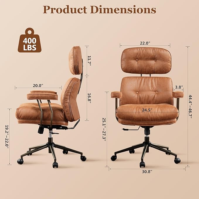 Mid Century Modren Big and Tall Office Chair,Large Ergonomic Executive Chair for Heavy Duty People, Computer Desk Task Chair with Wheels, Faux Lether Fabric Wide Chair for Home Sturdy,Brown(Suede)-DeskLoop Office