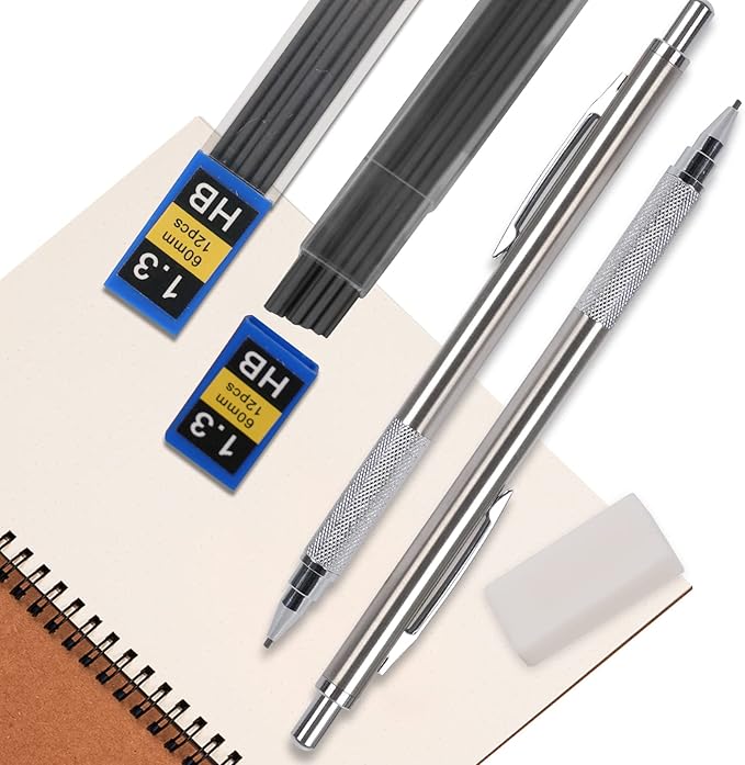 1.3 mm Mechanical Pencil Set with 4 Tubes Lead Refills,2 Eraser,1.3mm Mechanical Pencils,Metal Drafting Pencil, Lead Holder,Drawing Mechanical Pencils,Carpenter Pencils for Marking, Sketching-DeskLoop Office
