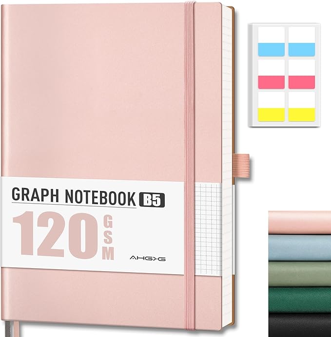 AHGXG Graph Paper Notebook - Grid Notebook Journal, 120 GSM Thick Graph Paper, Large B5 Notebook 96 Pages, Leather Softcover, for Graphing, Writing, Math, Engineering, 7.6'' X 10'' - Rose Gold-DeskLoop Office