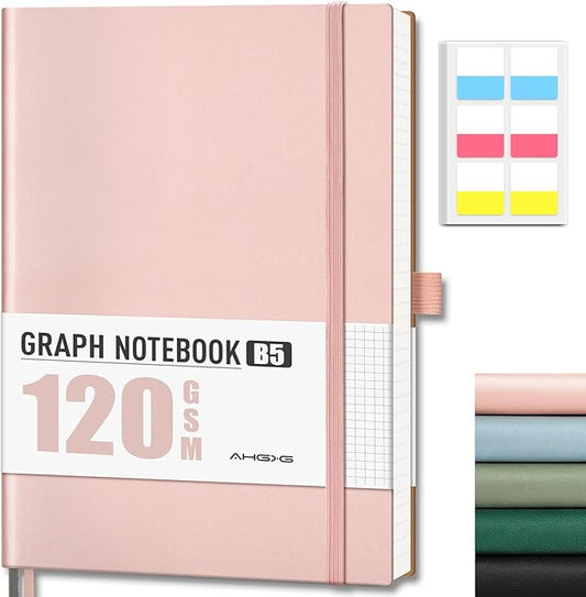 AHGXG Graph Paper Notebook - Grid Notebook Journal, 120 GSM Thick Graph Paper, Large B5 Notebook 96 Pages, Leather Softcover, for Graphing, Writing, Math, Engineering, 7.6'' X 10'' - Rose Gold-DeskLoop Office