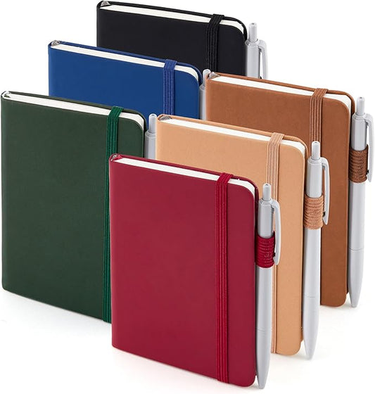 feela Pocket Mini Notebooks Bulk, Small Cute Memo Notepads Hardcover College Ruled Lined Journals with Pen Holder for School Business Work, with 6 Black Pens, 3.5”x 5.5”, 6 Pack, A6, Vintage Colors-DeskLoop Office