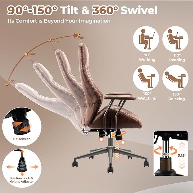 ovios Ergonomic Home Office Chair, Mid-Century Modern Faux Leather Chairs with Padded Armrests, Comfy High Back Swivel Rolling Executive Computer Armchair (Dark Brown, Suede Leather)-DeskLoop Office