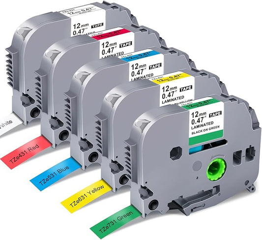 5-Pack Label Maker Tape Replace for Brother TZe TZ Tape 12mm 0.47 Laminated White Red Blue Yellow Green TZe231 431 531 631 731 Work for Brother P Touch Label Maker PTH110 PTD220 PTD210-DeskLoop Office