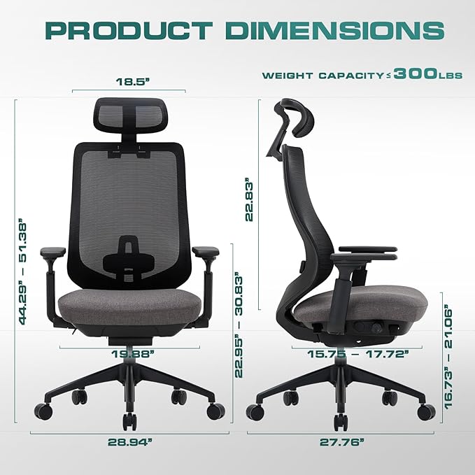 COLAMY Ergonomic Office Chair, High Back Office Executive Desk Chair, Mesh Office Chair Lumbar Support with Adjustable Headrest and 4D Arms, Slide Seat, Tilt Lock-Darkgrey-DeskLoop Office