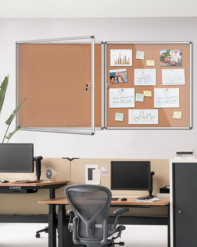 2 Pack 38"x38" Enclosed Bulletin Board, Lockable Weather-Resistant Aluminum Cork Noticeboard for School & Office, Silver Frame w/Cork-DeskLoop Office