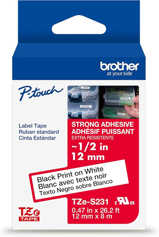 Brother Genuine P-Touch TZe Black Print on White Label Tape (TZeS231), Strong Adhesive Laminated, ~1/2in x 26.2ft (12mm x 8m), for Select P-Touch Label Makers, Water-Resistant, Extra Strength-DeskLoop Office