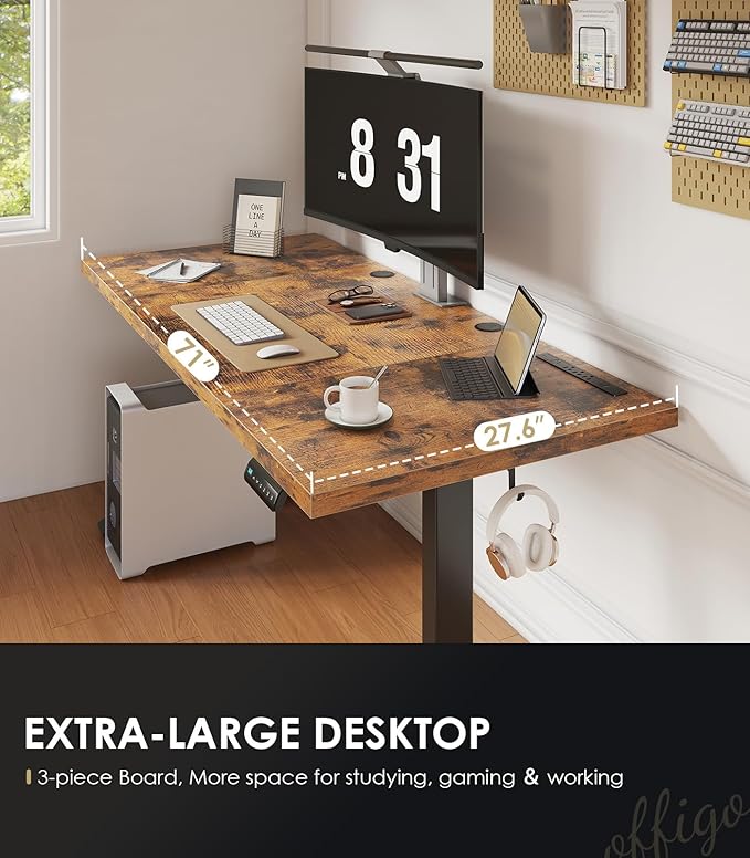 OffiGo Electric Standing Desk with 3-Piece Board, 71 Inch Height Adjustable Large Desk with Power Outlets, Sit Stand Table, Writing Computer Desk for Home, Office, Workstation, Rustic Brown-DeskLoop Office