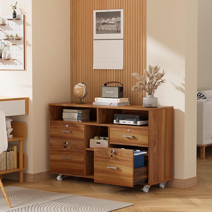 VINGLI Wide 4 Drawer Lockable Rolling File Cabinet with Open Shelves - Walnut Wood Lateral File Cabinet Printer Stand for Home Office, Letter Sized-DeskLoop Office