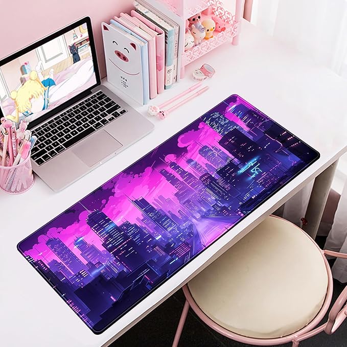 Desk Pad Cyberpunk Purple Desk Mat City Skyline Gaming Extended Mouse Pad Big Office Keyboard Pc Laptop for Women Large Mousepad with Stitched Eges Non-Slip Base Mouse Keyboard Mat 31.5x11.8 in-DeskLoop Office