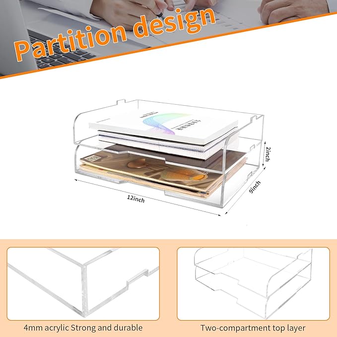 2 Pack- Stackable Paper Letter Tray,Clear Acrylic Magazine Holder and File Organizer - Sleek Desk Organizer for Home Office, Bookshelf, or Workspace - Space-Saving Transparent Document Holder-DeskLoop Office
