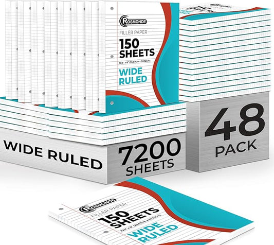 Loose Leaf Paper Bulk, 7200 Sheets, Wide Ruled, 8 x 10.5", Filler Papers for Office, 56 Gsm Thick Sheets, 3 Hole Punched for Binders, 48 Pack, 150 Sheets/Pack, Bulk Notebook Paper, White-DeskLoop Office