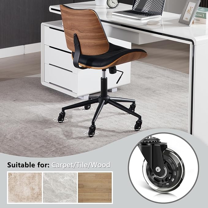 Home Office Desk Chair with Wheels, Adjustable Height Armless Office Chair, PU Leather Mid Back 360° Small Computer Chair, Modern Walnut Chair No Arms for Office, Reading Meeting Room(Black)-DeskLoop Office