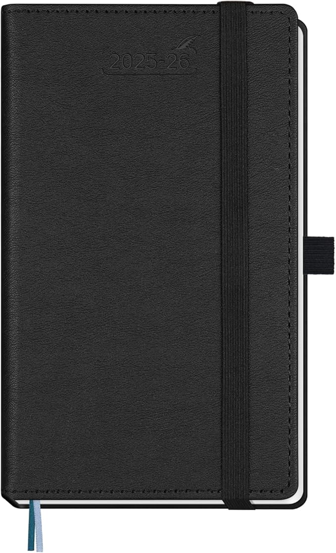 BEZEND Pocket Planner 2025-2026 Weekly and Monthly, 3.5" x 6" Academic Planner (Jul 25-Dec 26) 18-Month Mid-Year Calendar Book, Storage Pocket, Pen Holder, PU Leather Hardcover - Black-DeskLoop Office