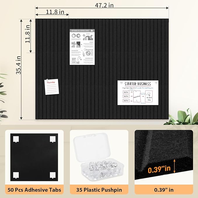Smarpau Large Cork Board, Black Bulletin Board 48"x36", 12 Pack Pin Board Felt Wall Tiles with 50 Removable Adhesive Tabs 35 Pushpins, Cork Boards for Office Home School Decor-DeskLoop Office