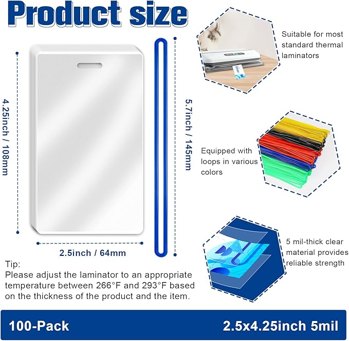 100 Pack 5 Mil Laminating Pouch with Colorful Loop 2 1/2" x 4 1/4" Luggage Tag Laminating Pouches with Slot Hole Thermal Laminate Pouch Tags Kit Resealable for Work Permits Pass Cards Student ID Cards-DeskLoop Office