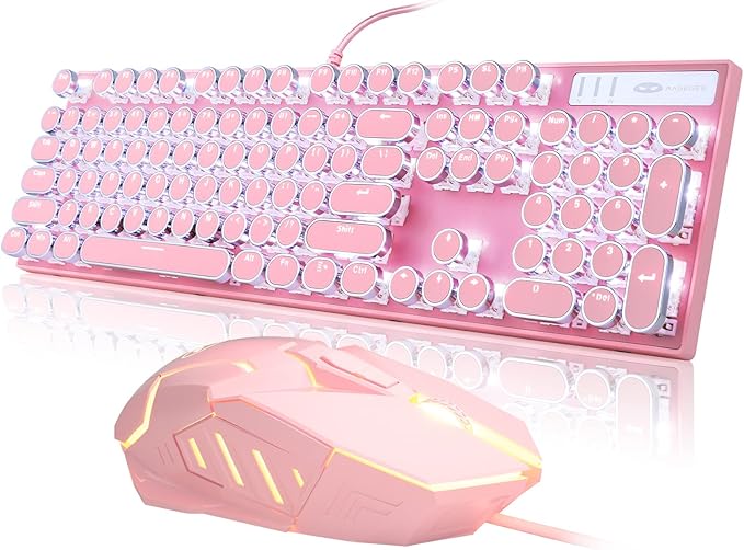 Retro Pink Typewriter-Style Keyboard and Mouse Combo, Cute Light Up Wired Mechanical Keyboard with Linear Red Switches, Full Size for Gaming, Work, Mac, PC, Windows-DeskLoop Office