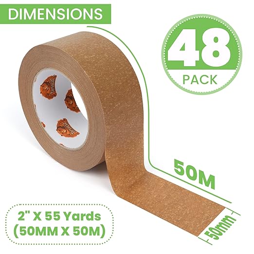 Eco-Friendly Kraft Paper Tape, Biodegradable Heavy Duty Packing Tape 2Inch x 55Yard, Recyclable Packaging Tape Self Adhesive Box Tape for Shipping, Sealing, Moving & Masking, 48Rolls-DeskLoop Office