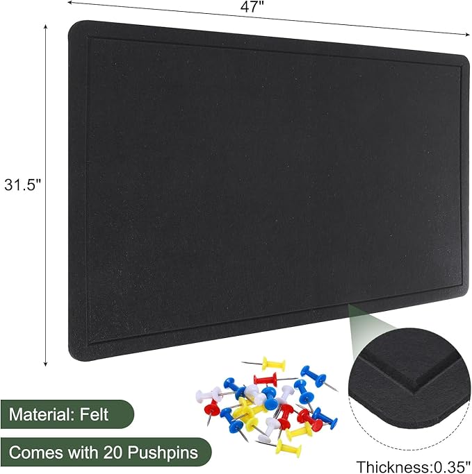 YOKIVE Felt Bulletin Board, 47 x 31.5 -Inch Foldable Decorative Pin Board Self Adhesive Felt Cork Board with 20 Pushpins, Great for Wall, Photo Display, Paste Note, Schedule(Black)-DeskLoop Office
