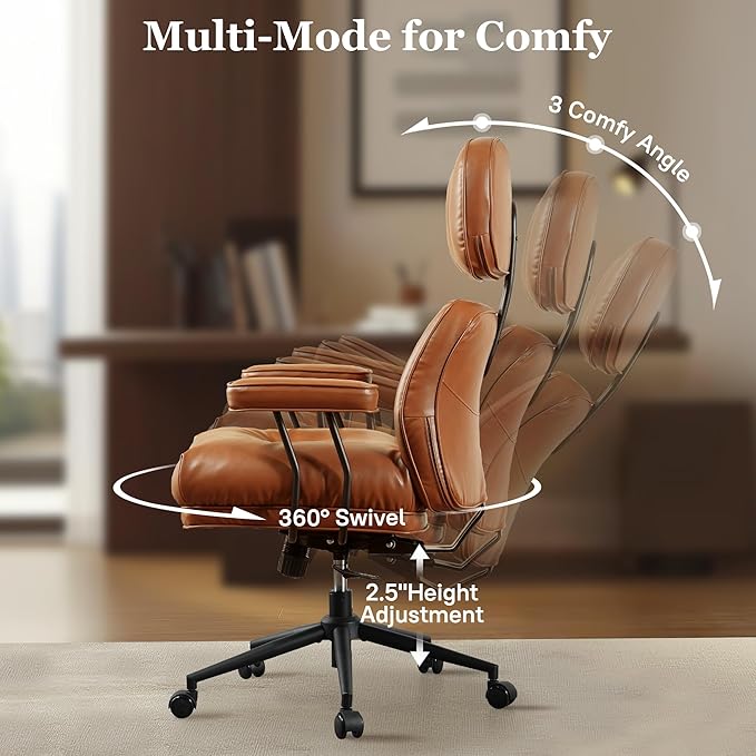Mid Century Modren Big and Tall Office Chair,Large Ergonomic Executive Chair for Heavy Duty People, Computer Desk Task Chair with Wheels, Faux Lether Fabric Wide Chair for Home Sturdy,Brown(PU)-DeskLoop Office