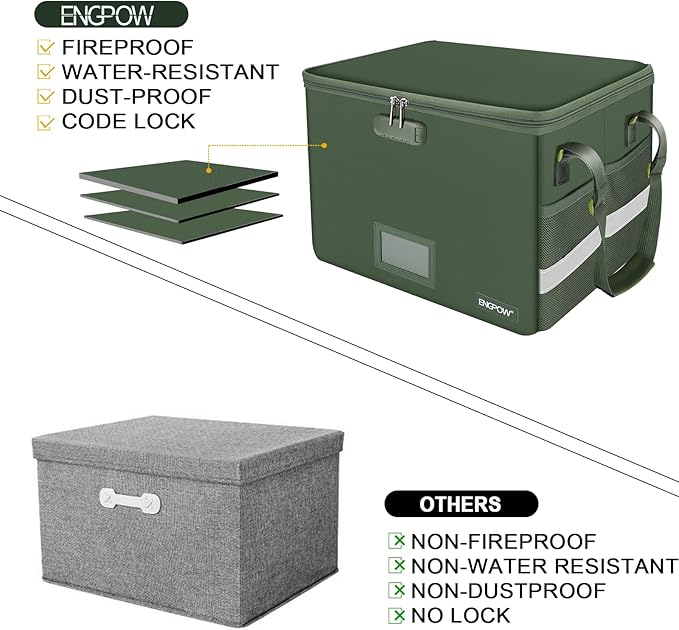 ENGPOW File Box with Lock, Fireproof Document Box with Pockets, Collapsible File Organizer Filing Storage Cabinet with Handle, Portable Home Office Safe for Hanging Letter/Legal Folders,Green,2 Pack-DeskLoop Office