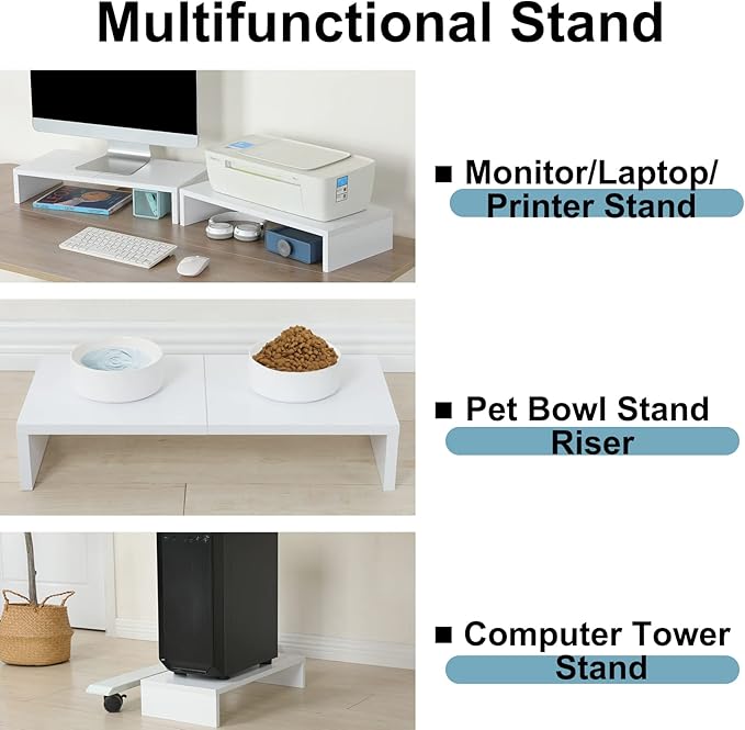 TEAMIX 2 Pack White Monitor Stand Riser - 20 inch, Wooden Desktop Stand for PC/TV/Laptop/Printer, Monitor Riser with Storage, Computer Stand with Keyboard Organizer-DeskLoop Office